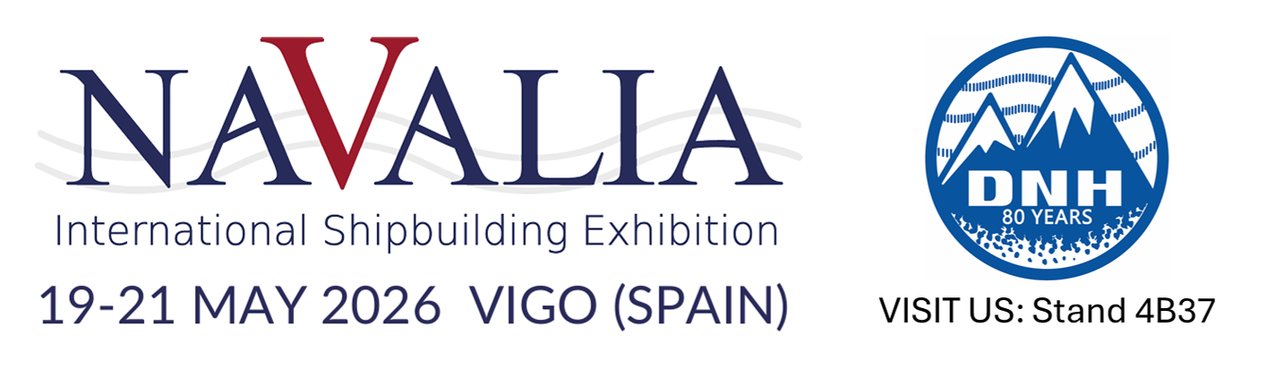NAVALIA International Shipbuilding Exhibition logo with dates Vigo 19–21 May 2026; DNH 80 Years badge and 'Visit us: Stand 4B37'
