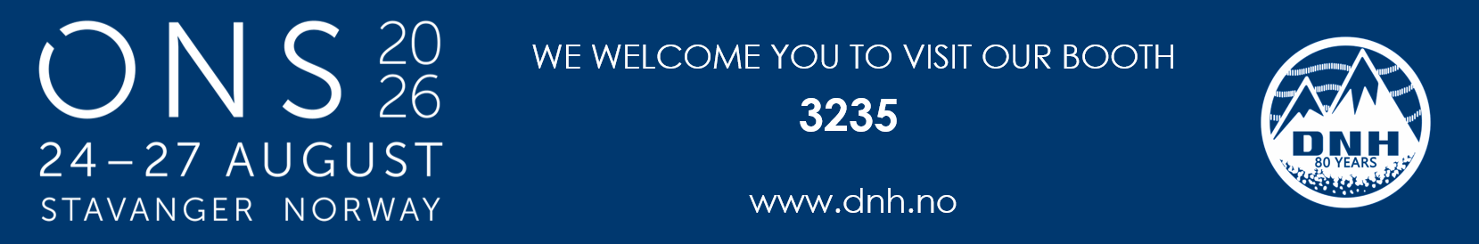 Banner for ONS 2026 in Stavanger, Norway (Aug 24–27) with booth 3235 and the DN H logo; website www.dnh.no.
