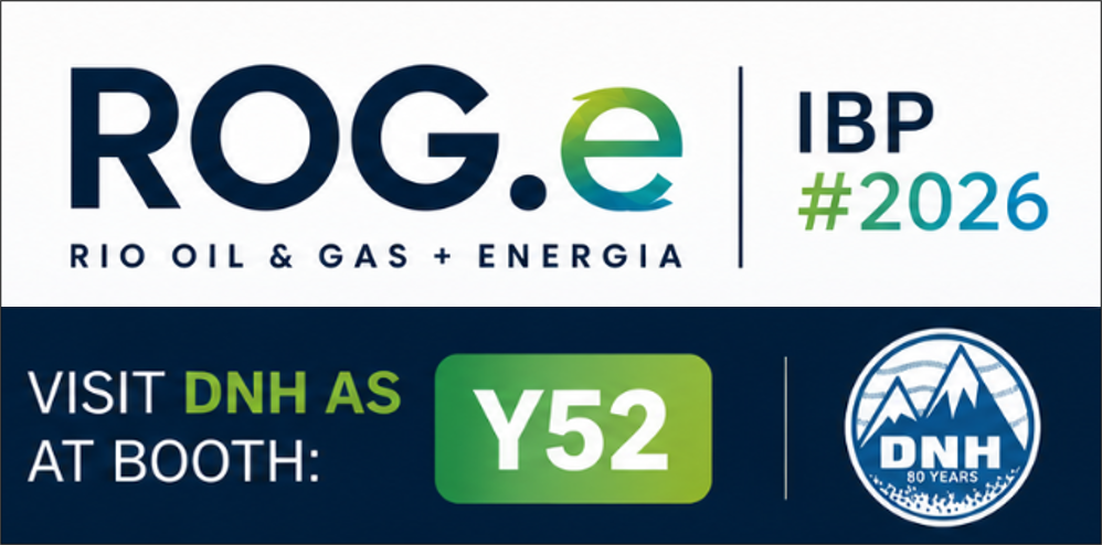 Event banner: ROG e Rio Oil & Gas + Energia with IBP 2026, promoting DNH at booth Y52 and DNH logo on the right.